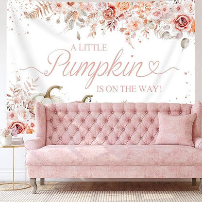 7x5ft Pumpkin Baby Shower Backdrop for Girls Pink Floral Leaves Photography Background Newborn Baby Shower Party Decorations Little Pumpkin Backdrops Banner Supplies Studio Photo Booth Props