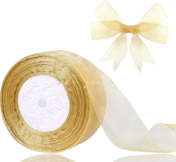 1.5 inch Sheer Organza Ribbon Gold Chiffon Ribbon for Gift Wrapping Christmas Halloween Decoration Wedding Bouquet Crafts 50 Yards