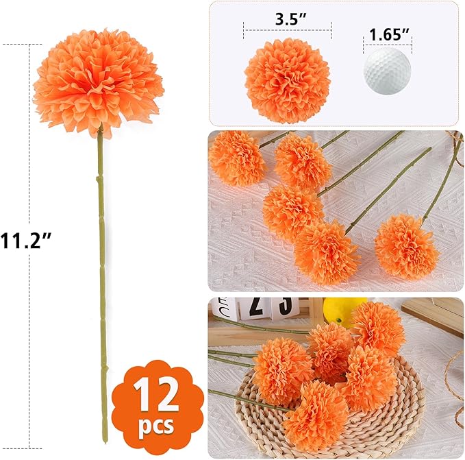 12 Pcs Artificial Chrysanthemums Fall Flowers Silk Orange Marigolds Flowers Fake Mums Flower for Autumn Dia de Los Muertos Diwali Day of The Dead Home Decor (12, Orange)