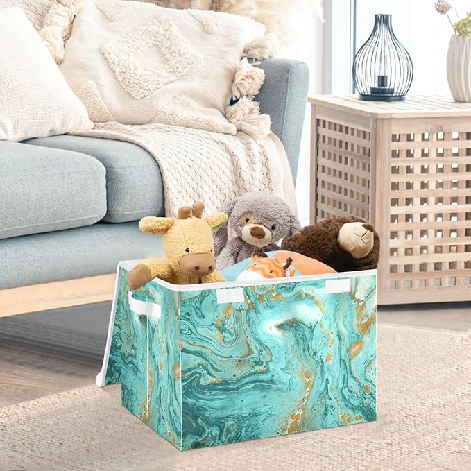 Senya Collapsible Storage Bins with Lids, Golden and Turquoise Marble Teal Storage Boxes for Organizing