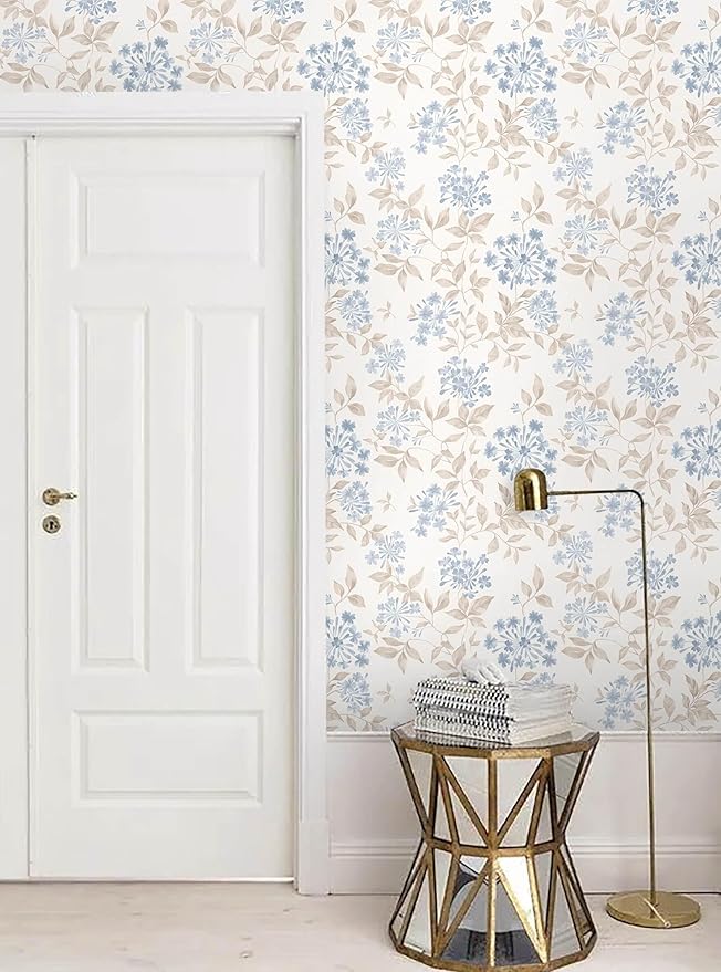 Heroad Boho Floral Wallpaper Blue/Beige Peel and Stick Wallpaper Neutral Leaf Contact Paper Removable Self Adhesive Wall Paper for Cabinet Bedroom Bathroom Waterproof Decor Vinyl Roll 17.3''x78.7''