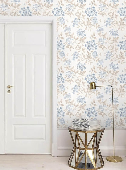 Heroad Boho Floral Wallpaper Blue/Beige Peel and Stick Wallpaper Neutral Leaf Contact Paper Removable Self Adhesive Wall Paper for Cabinet Bedroom Bathroom Waterproof Decor Vinyl Roll 17.3''x78.7''