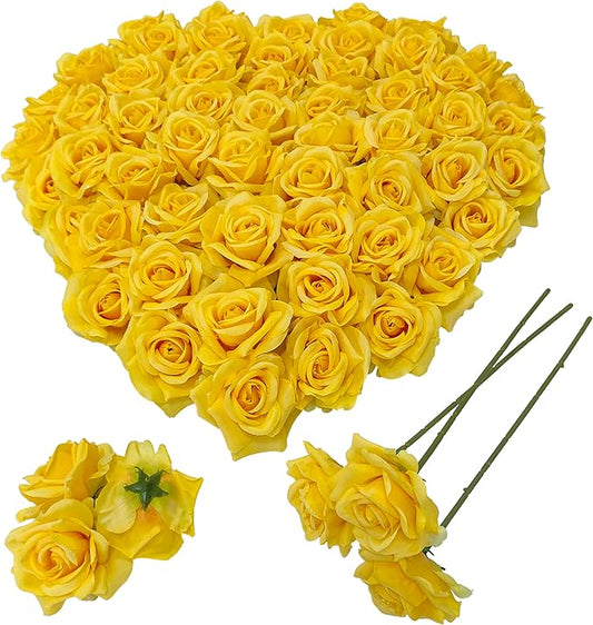 Artificial Satin Rose Flower Heads,48 Pcs Silk Rose Heads with Stems,3.3'' Rose Artificial Flowers Bulk,Artificial Rose Flower Heads for DIY Crafts Bouquet (48, Yellow)