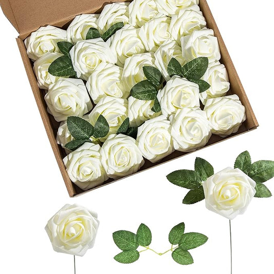 Artificial Flower Foam Rose 25pcs Real Looking Fake Rose with Stems Leaves for Home Decoration Party Garden Centerpieces DIY Wedding Bouquets（Ivory White）