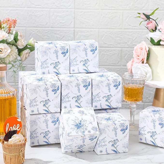 TecUnite 50 Pcs 3x3x3'' Blue Floral Paper Gift Candy Boxes Chinoiserie Flower Paper Gift Box Small Blue White Hydrangea Party Packaging Bag for Wedding Birthday Cardstock Shower Party Supply Decor