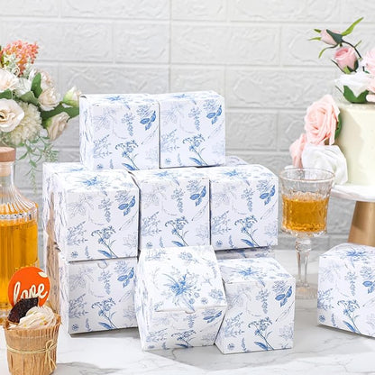 TecUnite 50 Pcs 3x3x3'' Blue Floral Paper Gift Candy Boxes Chinoiserie Flower Paper Gift Box Small Blue White Hydrangea Party Packaging Bag for Wedding Birthday Cardstock Shower Party Supply Decor