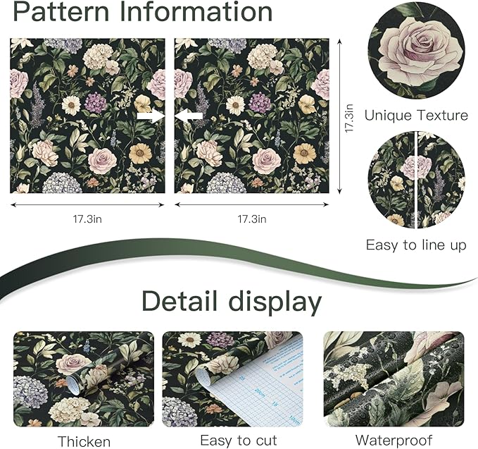 HeloHo Vintage Floral Peel and Stick Wallpaper 17.3"x393.7" Boho Contact Paper Dark Flower Self-Adhesive Removable Wallpaper Renter Friendly Botanical Wall Paper for Cabinets Bedroom Vinyl Rolls