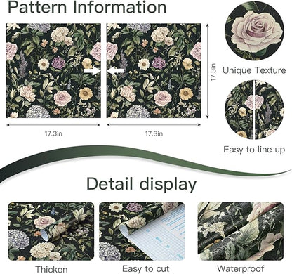 HeloHo Vintage Floral Peel and Stick Wallpaper 17.3"x393.7" Boho Contact Paper Dark Flower Self-Adhesive Removable Wallpaper Renter Friendly Botanical Wall Paper for Cabinets Bedroom Vinyl Rolls