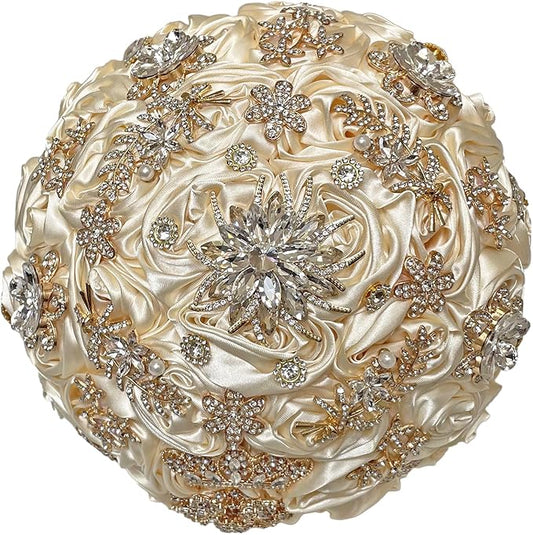 Handmade Satin Rose Floral Bling Pearl Decor Bridal Wedding Bouquet Rhinestone Pendant Artificial Brooch Flowers for Bride Bridesmaid Quinceanera
