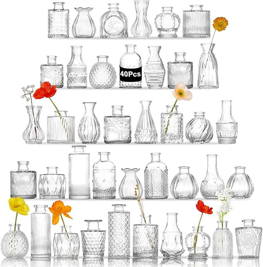 Glass Bud Vases Set of 40 PCS, Small Flower Vases for Wedding Centerpiece Table Decoration, Vintage Vase in Bulk for Flower Arrangements, Mini Vase for Birthday Party, Festival Home Decor,Clear