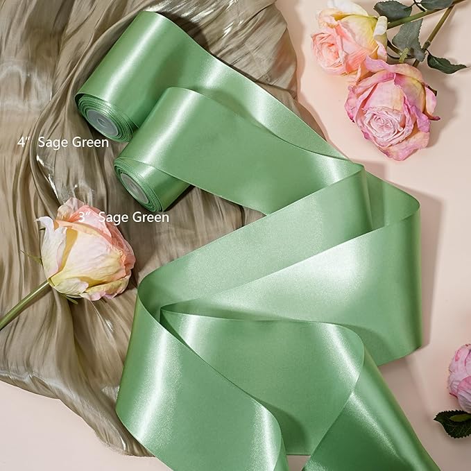 LaRibbons Sage Green Satin Ribbon 3 Inch 10 Yards Double Faced Luxury Light Green Silk Ribbon for Gift Wrapping Flower Bouquets Bow Christmas Wedding Party Decoration