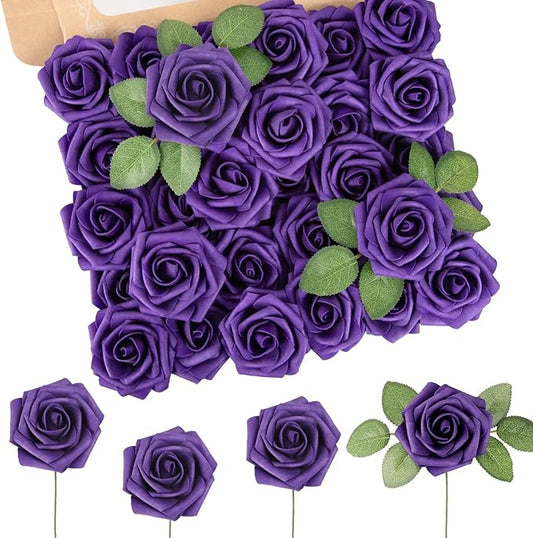 MACTING Artificial Flower Roses 60PCS Real Touch Fake Flowers with Stem Foam Rose for DIY Wedding Bouquet Table Centerpieces Craft Party Holiday Home Spring Valentines Day Decorations,Dusty Purple