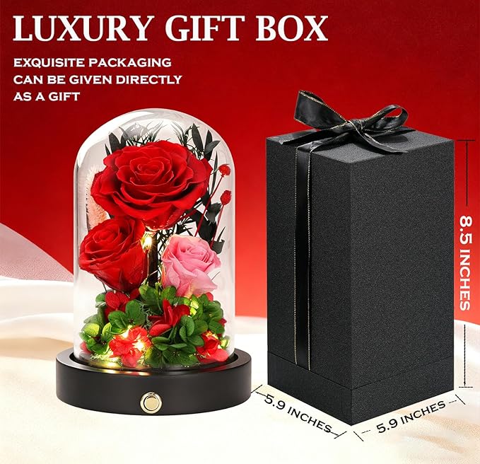 Birthday Gifts For Women Mom, Preserved Flowers in Glass Dome, Forever Flowers for Delivery Prime,Real Eternal Roses Mothers Day Valentines Day Christmas Anniversary for Grandma Wife Her Red