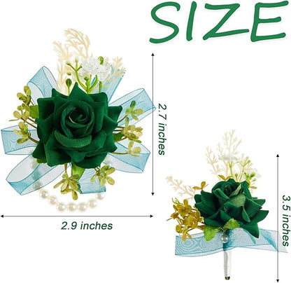 SITUMEIZI 2Pcs Green Corsage and Boutonniere Set Corsage Wristlet for Prom Decor Boutonniere for Men Wedding Flowers Accessories Party Suit Decoration