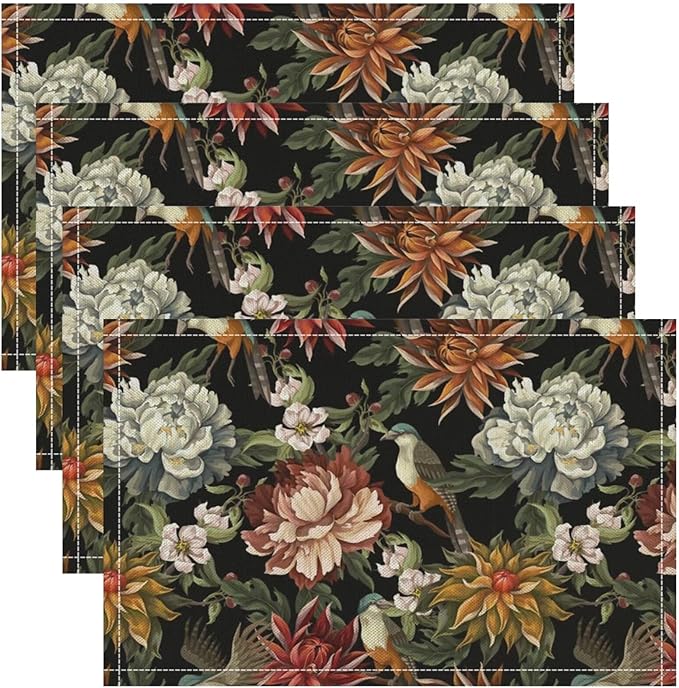 Vintage Floral Placemats Set of 6, 17x12 Inch Colorful Flowers Birds Green Leaves Black Retro Aesthetic Art Print Table Mats for Home Party Kitchen Dining Decor