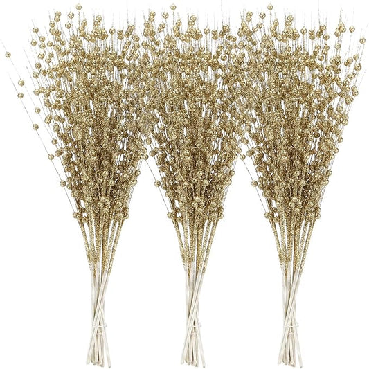 Sea Team 24-Pack Artificial Glitter Berry Stem Ornaments, Decorative Bead Sticks, Glittery Twigs, Picks, Branches for Christmas Tree, Small Vase, Holiday, Wedding, Party (17 Inches, Gold)