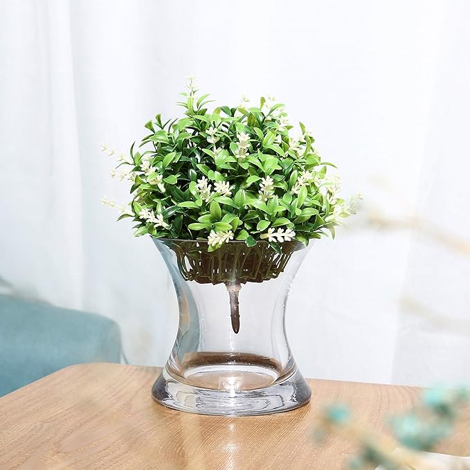 WGV Unique Bouquet Vase Bulk, 7" W, 7" H, Clear Short Hurricane Concaved Neiman Glass Floral Container, Home Wedding Event Decor, 8 Pieces (VHV0707)