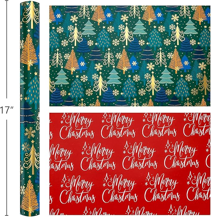 MAYPLUSS Christmas Wrapping Paper Roll - 17 Inch X 33 Feet - Green Gift Wrapping Paper Christmas Tree Snowflake Reversible Red for Holiday Party New Year Kids