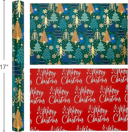 MAYPLUSS Christmas Wrapping Paper Roll - 17 Inch X 33 Feet - Green Gift Wrapping Paper Christmas Tree Snowflake Reversible Red for Holiday Party New Year Kids