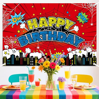 Spider Birthday Backdrop, 150x100cm/5x3ft Red Polyester Large Spider Web Happy Birthday Banner Backdrop for Boys Girls Themed Party Decorations & Photo Booth Props