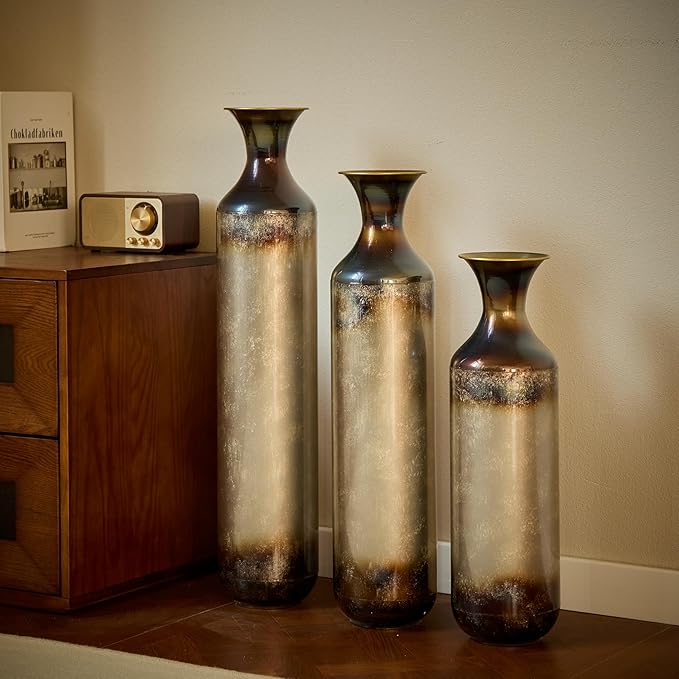 Metal Tall Floor Vases Set of 3, Hand-Forged Burnt Finish Rustic Floor Vase for Home Decor, 28.34 24.4 20.4 Inch Tall Decorative Vases for Farmhouse Industrial Living Room