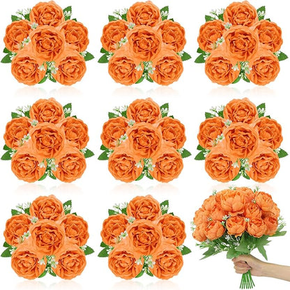 8 Pack Orange Peonies Artificial Flowers, Fall Fake Silk Hydrangea Bouquet for Bridal Wedding Home Table Decor Reusable Dining Opening Ceremony Birthday Arrangement Faux Floral