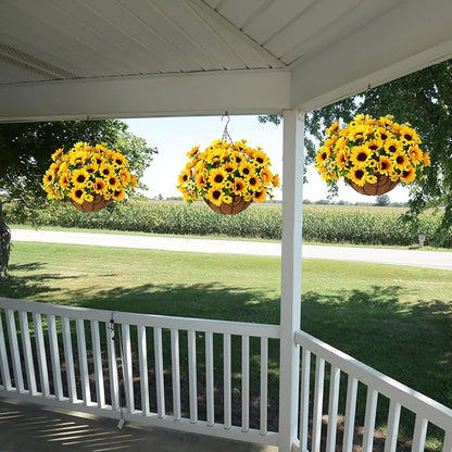 Homsunny Artificial Sunflowers Fake Hanging Flowers Plants Baskets for Outdoor Fall Decoration, Faux Silk Flowers Look Real UV Resistant for Porch Patio Garden Autumn Home Decor
