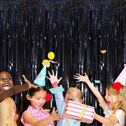 4 Pack Black Tinsel Foil Fringe Curtain Backdrop, 3.28Ft x 8.2Ft Metallic Streamers for Photo Booth Props Wedding Bridal Shower Bachelorette Birthday Halloween Christmas Party Decoration