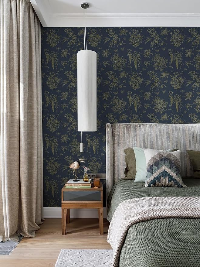 Floral Birds Wallpaper Peel and Stick Dark Blue Contact Paper 16.9”x 118.1” Vintage Floral Self Adhesive Removable Wallpaper Flower Birds Wall Paper for Bathroom Kitchen Decor Vinyl