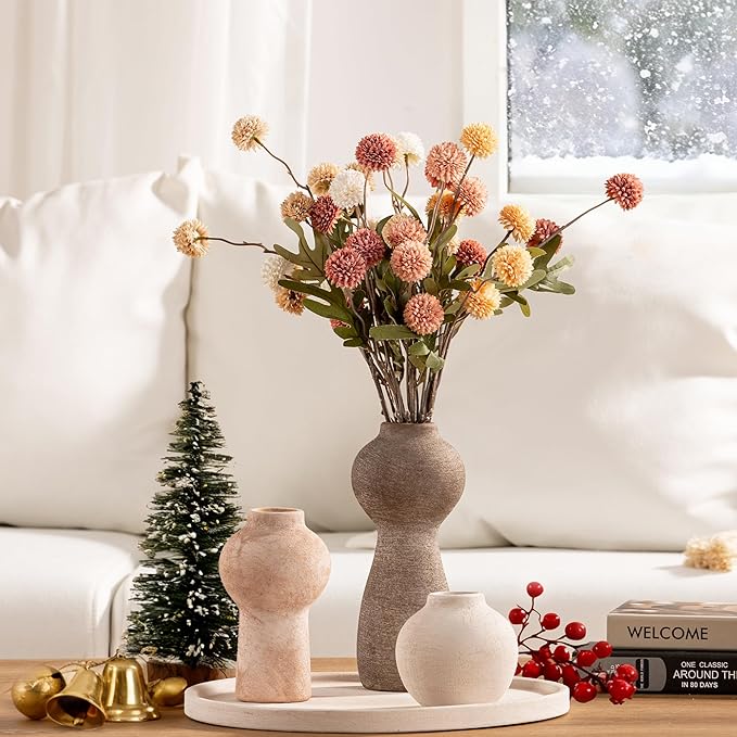 Ceramic Vase Home Table Decor - Flower Vase Set of 3 Living Room Kitchen Decorations Farmhouse Modern Rustic Vases Decorative Centerpiece for Shelf Bedroom Office Bathroom Dining Coffee Desk