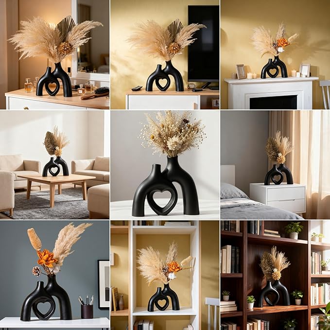 Hug Donut Ceramic Decorative Vase Set, Snuggle Hollow Modern Nordic Boho Style Vases for Home Decor Living Room Shelf Bookshelf Mantle Entryway Table Console Décor (Matte Black)