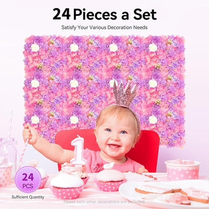 24 Pack Flowers Wall Panels Artificial Floral Wall Mat Handmade 3D Silk Rose Hydrangea Dahlia Floral Panels for Photo Background Home Party Wedding Backdrop Decoration, 24 x 16 inch (24 pcs)