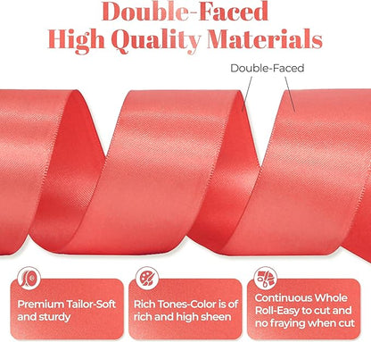 Coral Satin Ribbon, Double Faced 1-1/2 Inch X 50 Yards Coral Ribbon, for Gift Wrapping, Crafts, Hair Bow Making, Sewing, Flower Bouquet, Wedding Party Decor