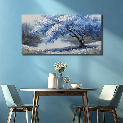 JuhaiArt Scenery Picture Wall Decorations Large Tree Wall Art Blue Canvas Wall Art for Living Room Bedroom Office White Poster 29"x 59"