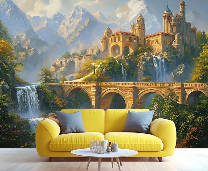 Fantasy Castle Wall Mural, Magical Waterfall Landscape 3D Wall Murals, Royal Palace Wallpaper Mural, for Living Room Bedroom Large Wallpaper Indoor Decor 98.4" W x68.9 H