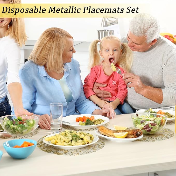 Hysenm 50 Pcs Disposable Gold Placemats Set Metallic 13 Inch Round Foil Mesh Pressed Table Doilies, Ultra-Thin Disposable Placement Mats for Home Decoration Dining Table Wedding Birthday Party