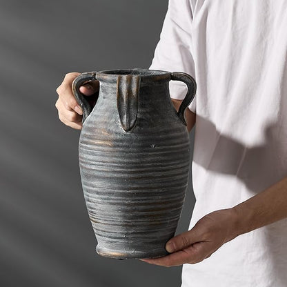 Handmade Ceramic Vase with 4 Handles, 10.83" Tall Farmhouse Rustic Terracotta Flower Vase, Vintage Vases for Home Decor, Wedding, Living Room, Table, Shelf Decor, Black Bronze