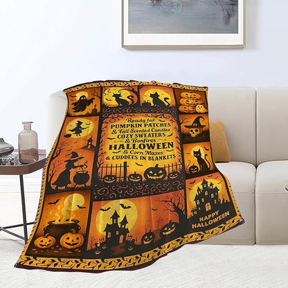 Halloween Blanket Gothic Witch Throw Blanket Pumpkin Soft Cozy Fleece Black Cat Fuzzy Stuffed Plush Ghost Skull Flannel Gifts for Girls Women Boys Kids Adults 40''x50''