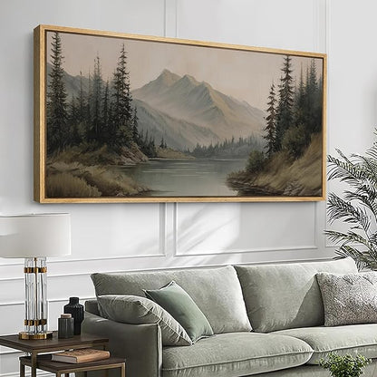 SIGNFORD Extra Large Framed Canvas Print Wall Art Mountain Forest Landscape Misty Pine Trees and Lake Scene Illustrations Modern Art Relax/Calm Warm for Living Room, Bedroom, Office - 60"x30"
