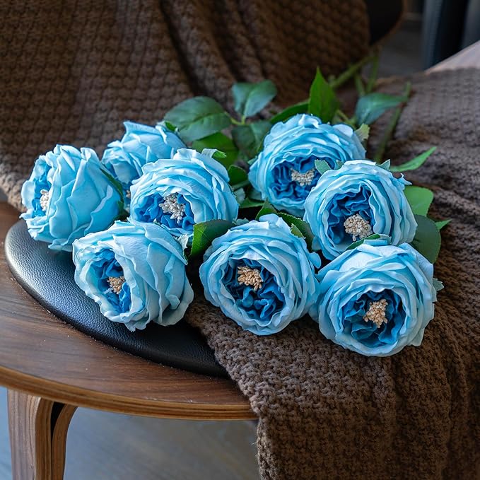 Fake Flowers for Decoration Home Decor Real Touch Artificial Flowers Austin Rose Peony Latex Fake Flower Living Room Decoration Vivid Pink Roses Peonies (Deep Blue 4pcs)