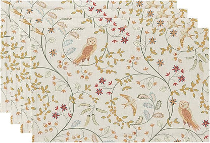 QIYI Boho Placemats Set of 4, 12x18 Inch Linen Fabric Place Mats for Kitchen Dinning, Farmhouse Rustic Floral Cloth Table Mats, Washable Placemat Folk Art Party Table Décor, Forest Birds