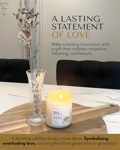 Forever Rose Real Rose Dipped in Platinum, Handcrafted Preserved Rose in Clear Glass Bud Vase and Luxury Gold Gift Box, Romantic Gift for Her, Elegant Keepsake for Anniversary, Birthday, Any Occasion
