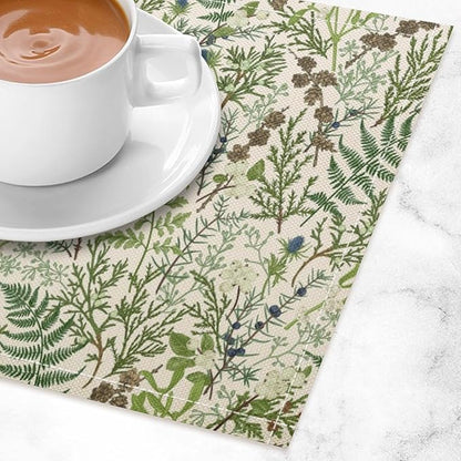 Retro Botanical Placemats Set of 6, 17x12 Inch Rustic Farmhouse Green Leaves Vintage Plants Aesthetic Table Mats for Home Party Kitchen Dining Decor