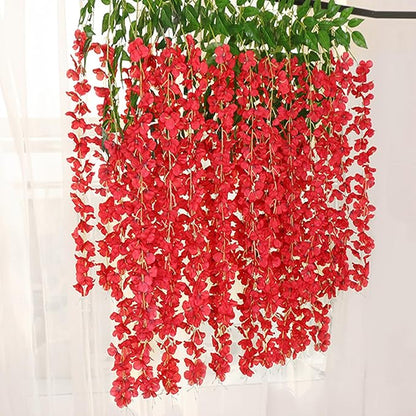 24 Pack Red Wisteria Hanging Flowers Garland, 3.77 Feet Artificial Flower Vines, Fake Wisteria, Artificial Vines Hanging Garland for Backdrop Outdoor Yard Garden Decor