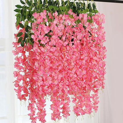 24 Pack Dark Pink Wisteria Hanging Flowers Garland, 3.77 Feet Artificial Flower Vines, Fake Wisteria, Artificial Vines Hanging Garland for Backdrop Outdoor Yard Garden Decor