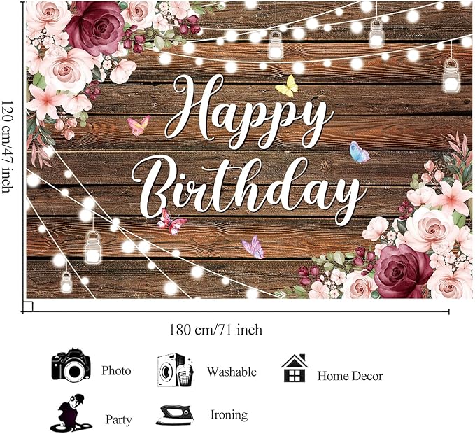 YinQin 180x120 cm Rustic Wood Flower Birthday Backdrops Photo Cloth 71x47 inch Happy Bday Photography Backgrounds Wooden Floral Butterfly Happy Birthday Sign Banner Decoration for Women Girl