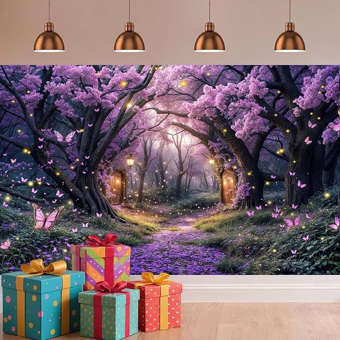 10X8ft Enchanted Forest Backdrop Fairy Tale Purple Wonderland Garden Tree House Floral Butterfly Photography Background for Kids Girl Baby Shower Birthday Party Decoration Banner Booth Props