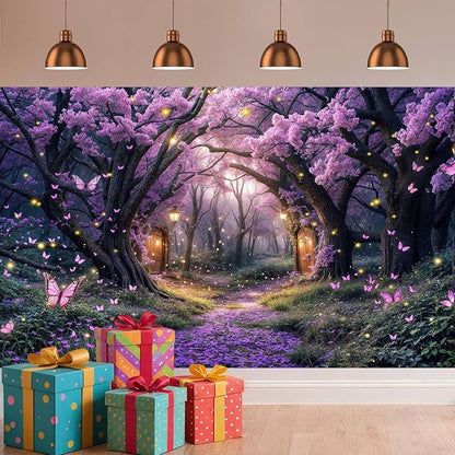 12X10ft Enchanted Forest Backdrop Fairy Tale Purple Wonderland Garden Tree House Floral Butterfly Photography Background for Kids Girl Baby Shower Birthday Party Decoration Banner Booth Props