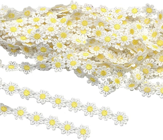 15 Yards Daisy Flower Lace Trim Embroidered Floral Lace Sewing Trim Ribbons for Embellishment Craft Dress Hair Accessories Decorations (White with Yellow, 1" x 15 Yards)