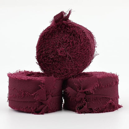MEEDEE Burgundy Chiffon Ribbon 1 Inch Fringe Ribbons Dark Red Chiffon Silk Frayed Burgundy Ribbon Thin Chiffon Ribbons for Crafts, Gift Wrapping, Wedding Invitation (3 Rolls 21 Yards)
